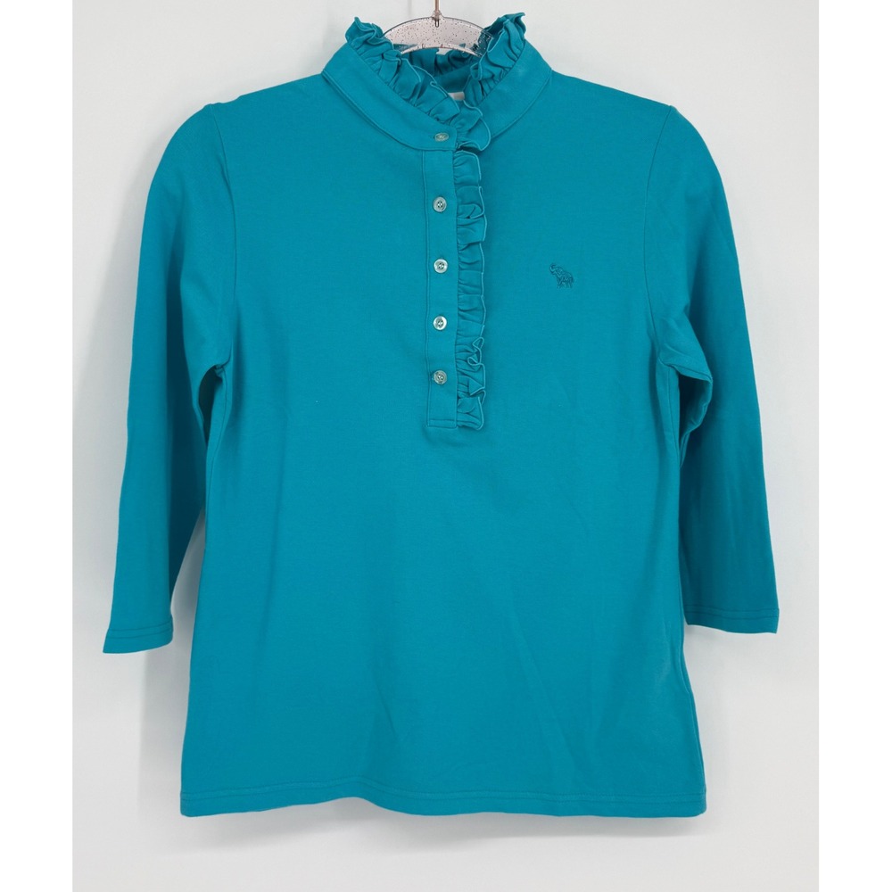 Tracy Negoshian Womens Turquoise Ruffle Mock Neck 3/4 Sleeve Top Sz S NEW‎